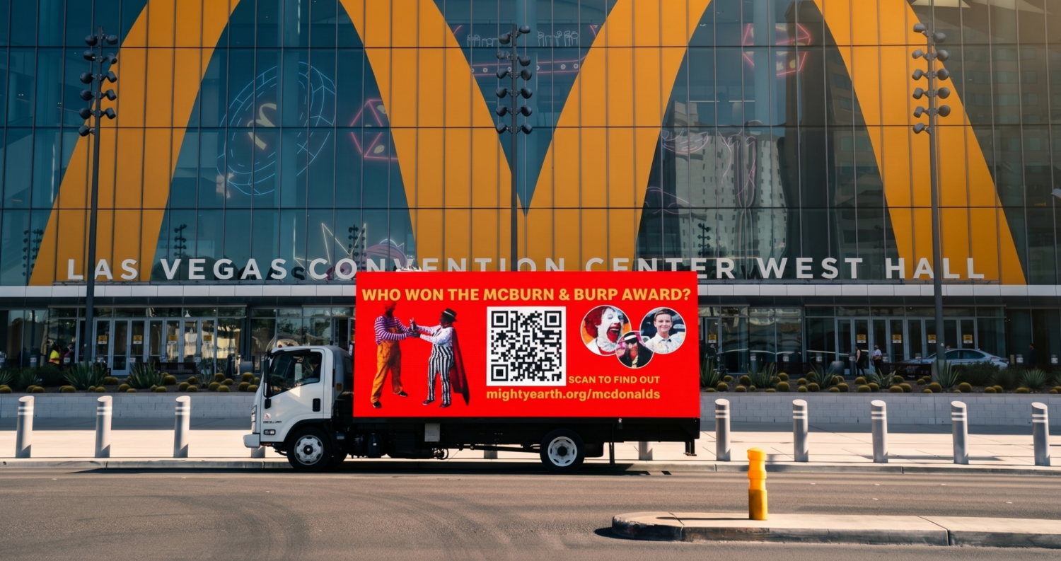 A digital van is stoped in front a big M from McDonalds. The digital van have messages from the McBurn & Burp Awards, a mobilization action from Mighty Earth